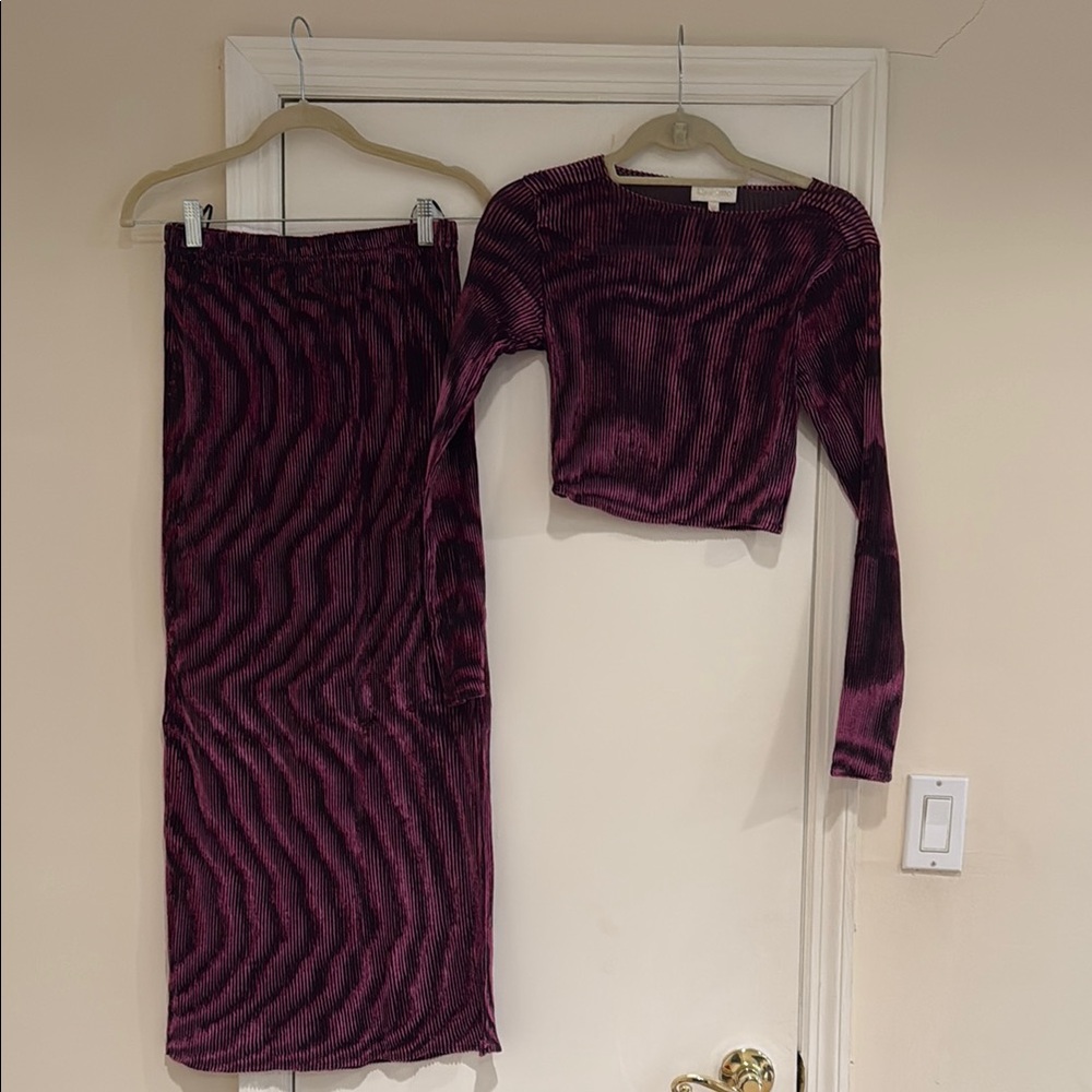 Purple pink Long Sleeve Crop Top and Skirt Set